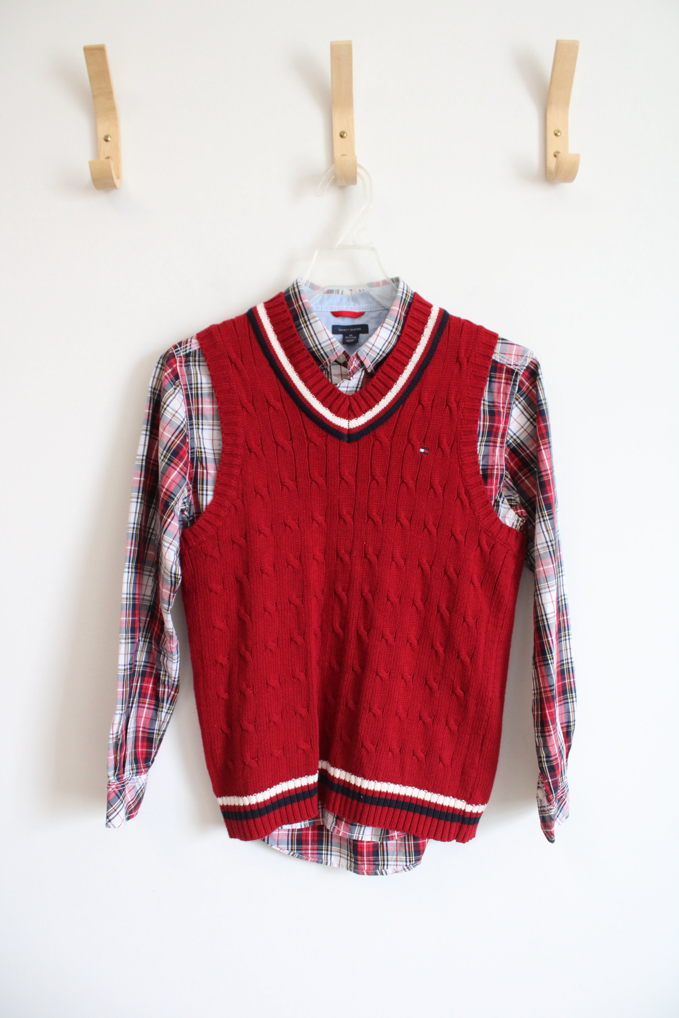 Tommy Hilfiger Red Plaid Button Down & Vest Set | Youth M (12/14)