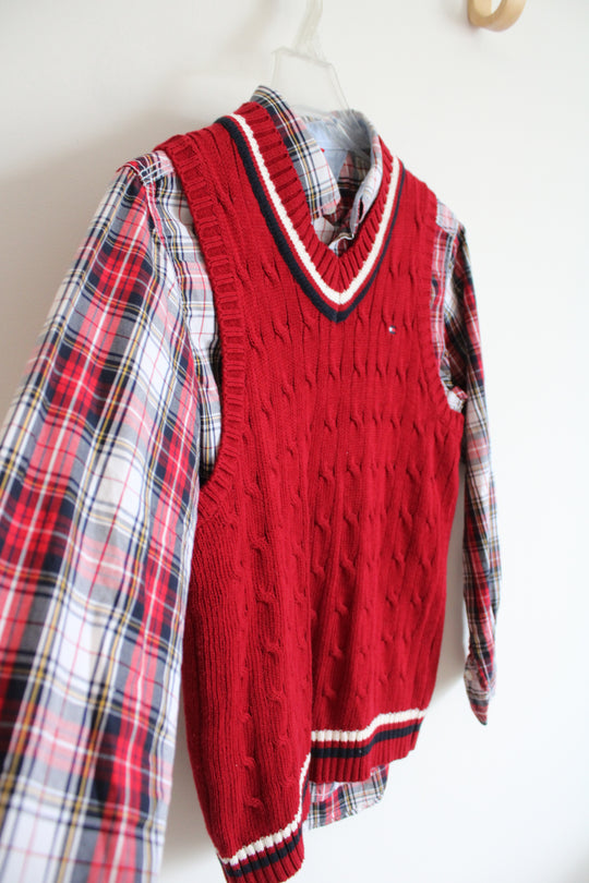 Tommy Hilfiger Red Plaid Button Down & Vest Set | Youth M (12/14)