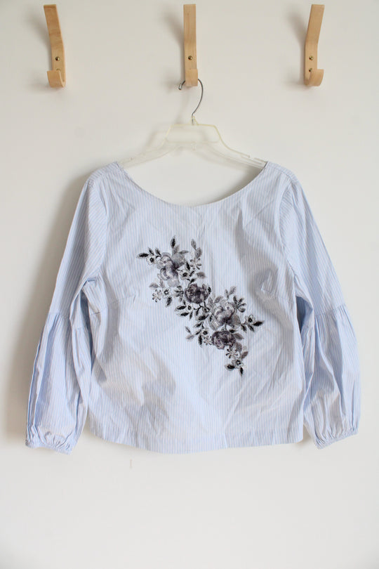 White House Black Market Blue & White Striped Gray Embroidered Floral Top | 10