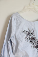 White House Black Market Blue & White Striped Gray Embroidered Floral Top | 10