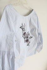White House Black Market Blue & White Striped Gray Embroidered Floral Top | 10
