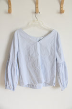 White House Black Market Blue & White Striped Gray Embroidered Floral Top | 10