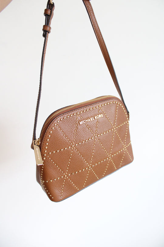 Michael Kors Adele Brown Gold Studded Dome Crossbody Bag