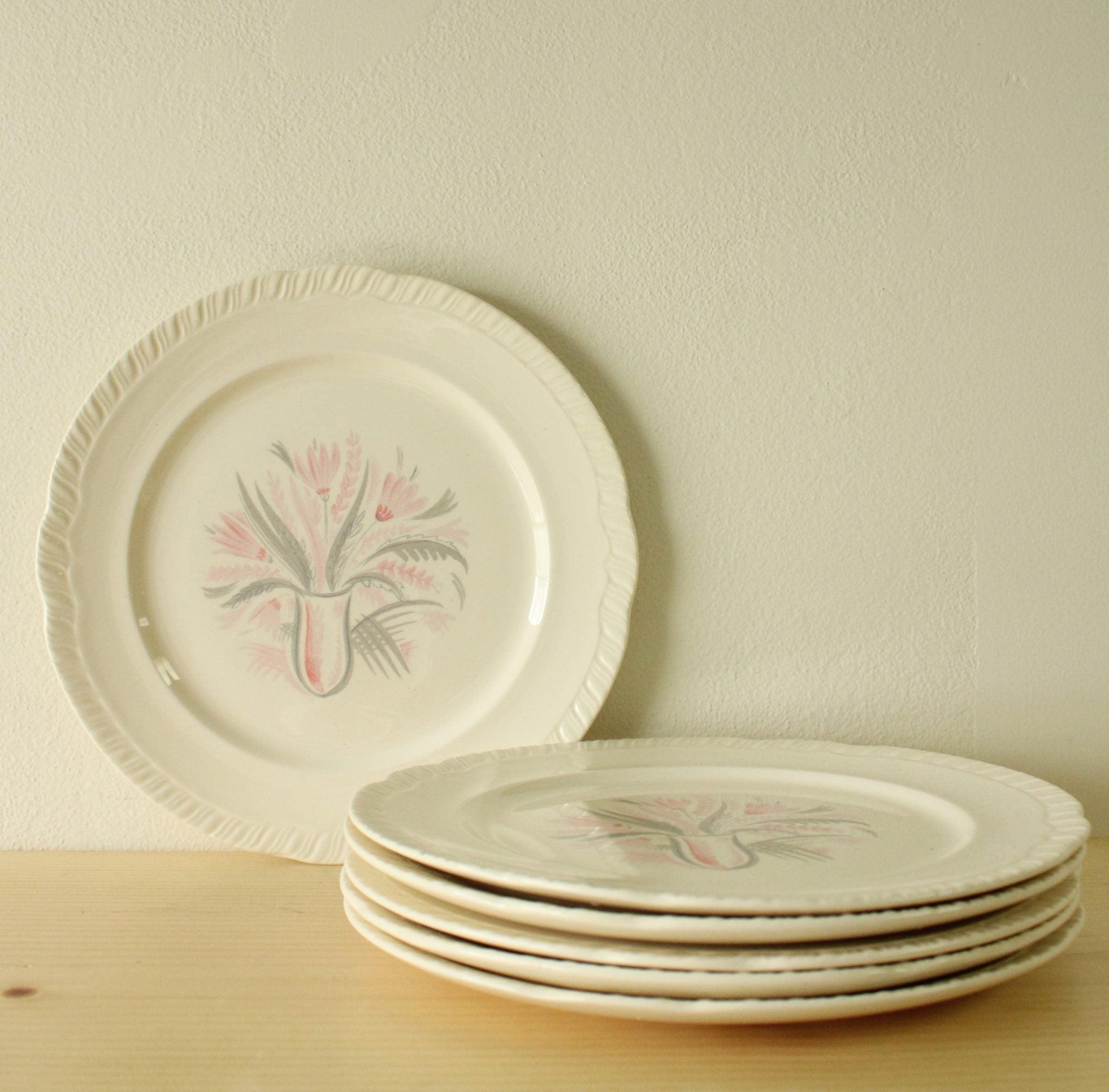 Vintage Pink & Grey Floral Vase Dinner Plates 10" | Set Of 6 | Several Sets Available