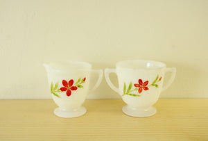 Made In The USA Red Flower Creamer Pourer & Sugar Bowl