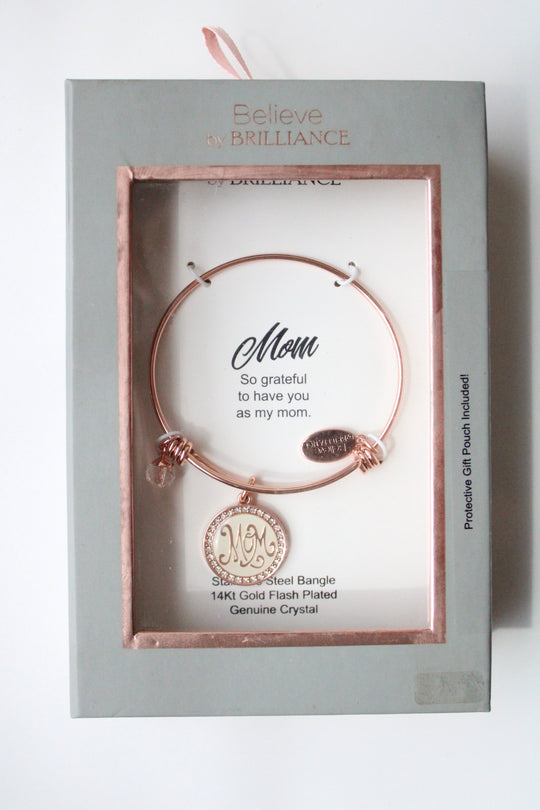 NEW Believe By Brilliance "Mom" Stainless Steel Bangle Rose 14KT Gold Flash Plated Genuine Crystal
