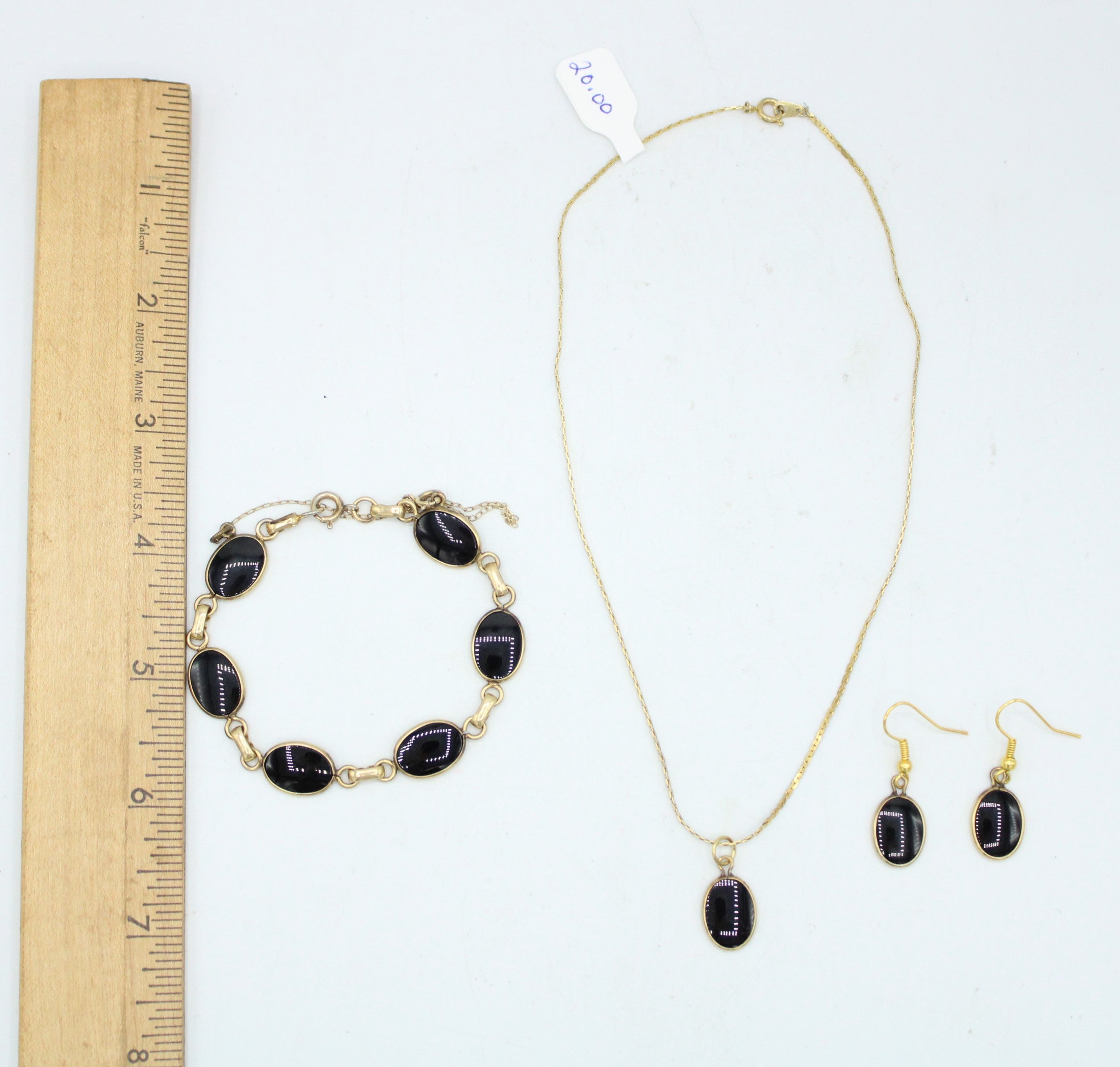 Black Oval  & Gold Necklace Bracelet & Earring Set