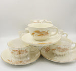Golden Wheat Homer Laughlin 22K Gold Oven Proof Made In USA Set Of 6 Tea Cups & Saucers