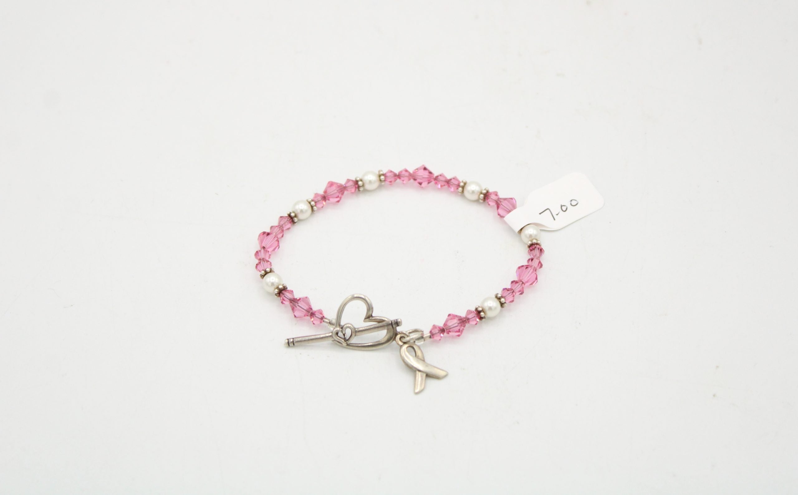 Breast Cancer Pink Beaded Sterling Silver Toggle Clasp Bracelet