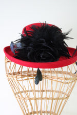 NEW Jenny Buchman Red Black Feather Wool Hat