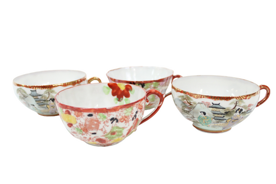 Vintage Japanese Red Painted Geisha Teacups | Set Of 4