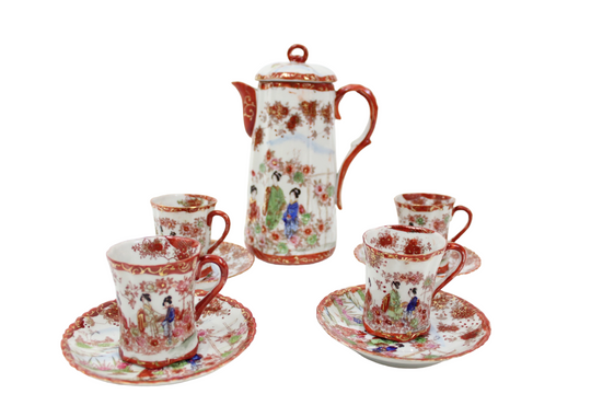 Vintage Japanese Red Painted Geisha Cocoa Pot & Cup Set | Set Of 9