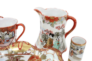Vintage Japanese Red Painted Tea Set | Set Of 8