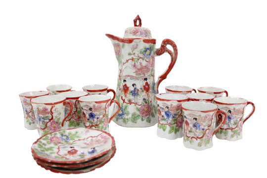 Vintage Red Painted Japanese Tea Cocoa Pot Set | Set Of 16