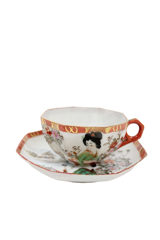 Vintage Octagon Painted Geisha Teacup