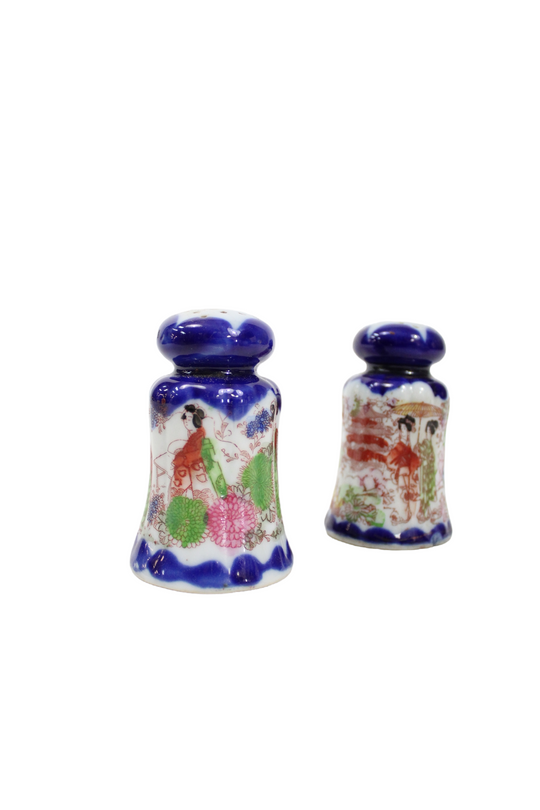 Cobalt Blue Vintage Geisha Painted Salt & Pepper Shakers
