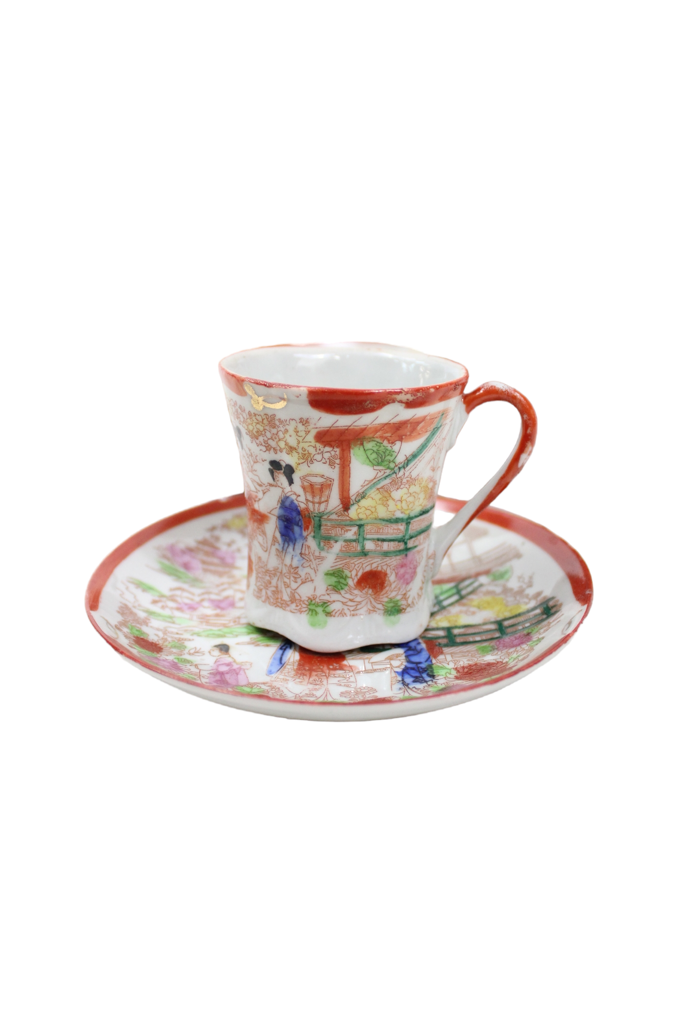 Vintage Japanese Orange Painted Teacups & Saucers | Set Of 6