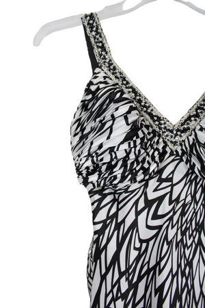 Morgan & Co. Satin Black White Beaded Formal Dress | 3/4