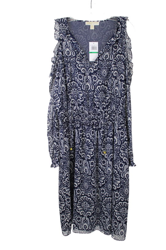 NEW Michael Kors Blue Chiffon Cold Shoulder Gold Shimmer Dress | L