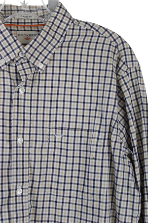 Dockers Classic Fit Black Tan Plaid Shirt | L